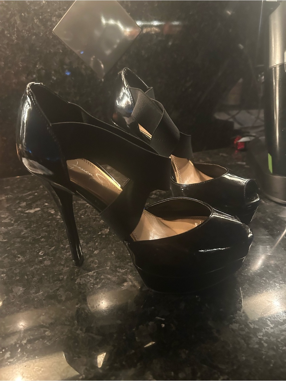 Jessica Simpson Black Patent Peep-Toe Platform Pumps with Cross Elastic Straps